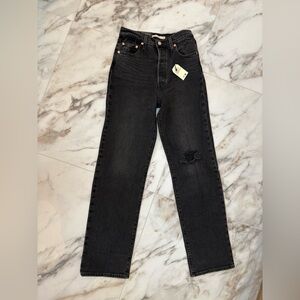 Levi’s Ribcage Straight Black Jeans Distressed Knee Size 26 NWT